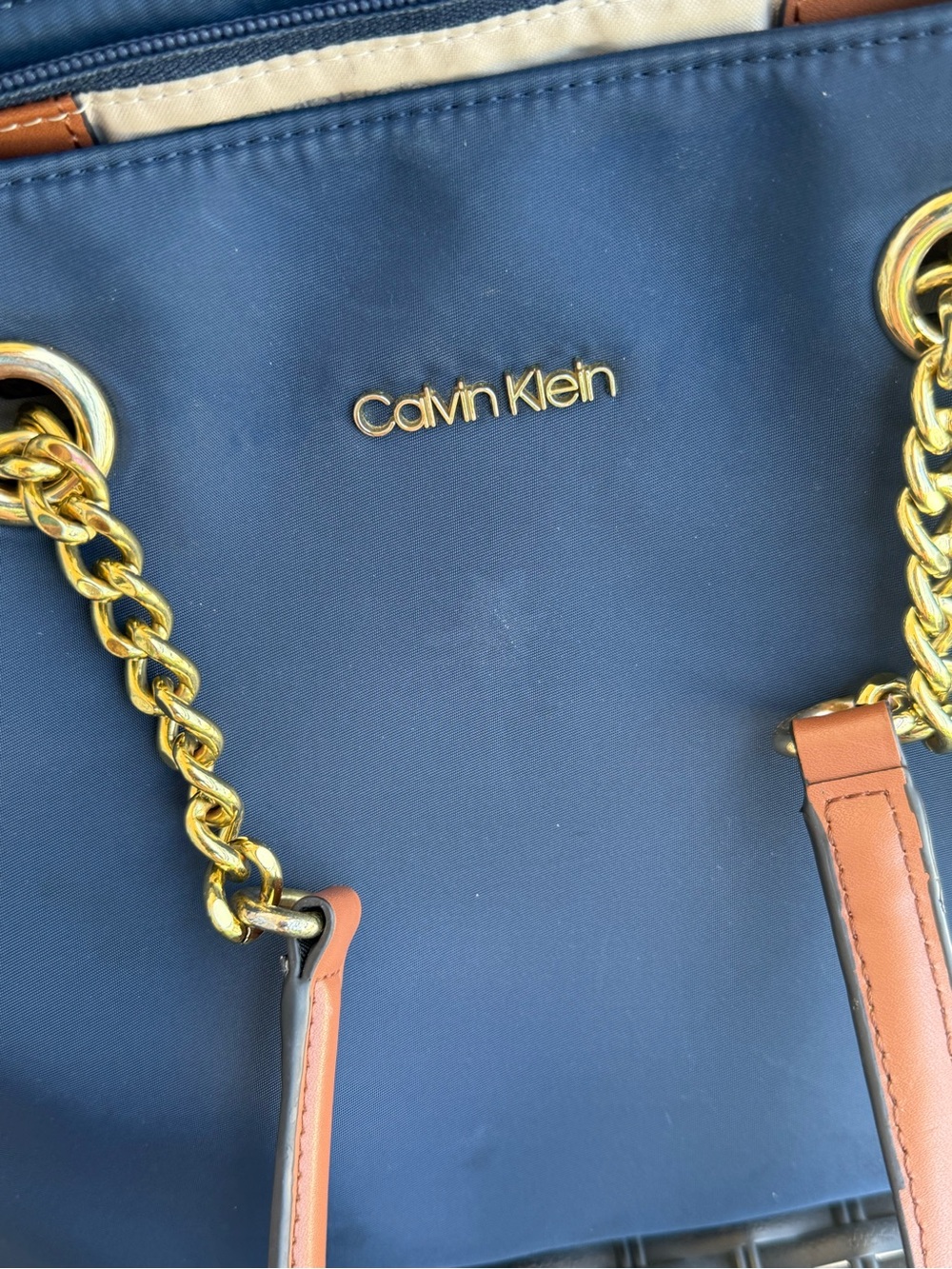Calvin Klein Navy Tote with Brown Handles and Gold Hardware - Picture 6 of 10